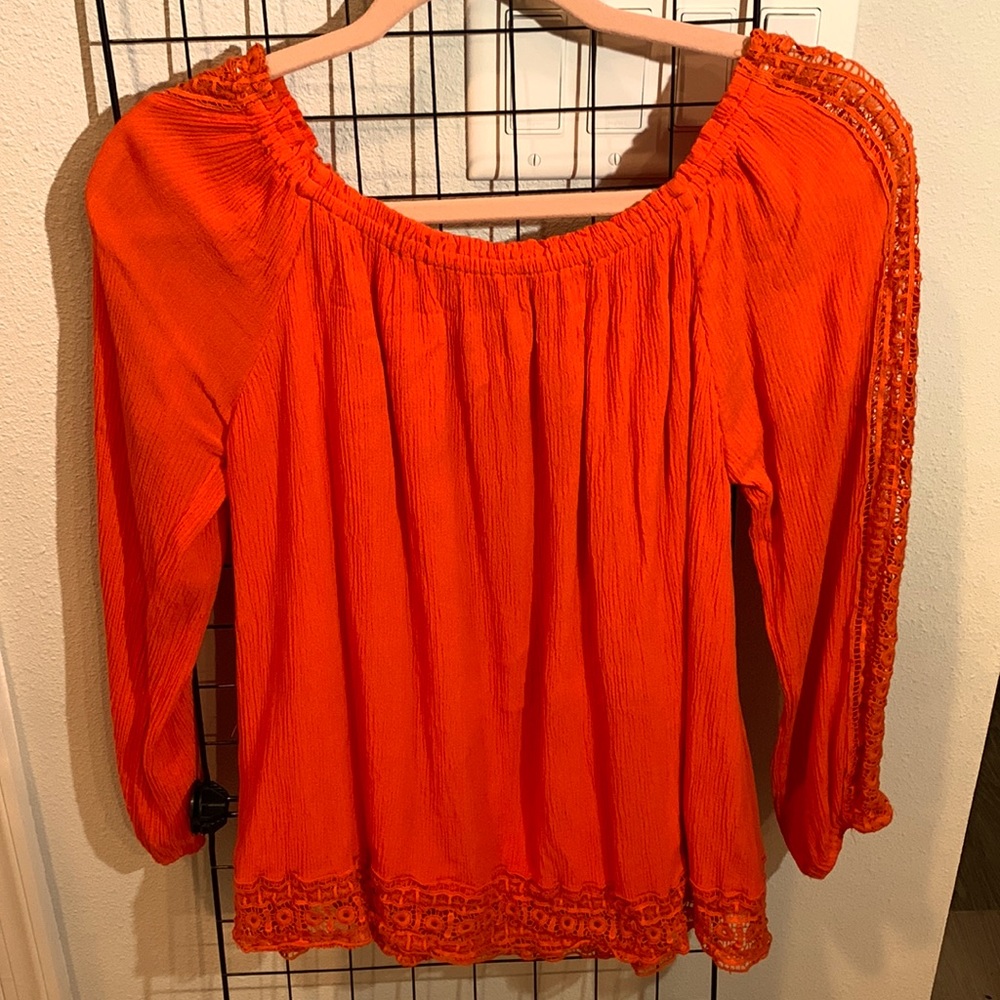 Lovely Coral Off The Shoulder Rayon and Crochet Lace Blouse!